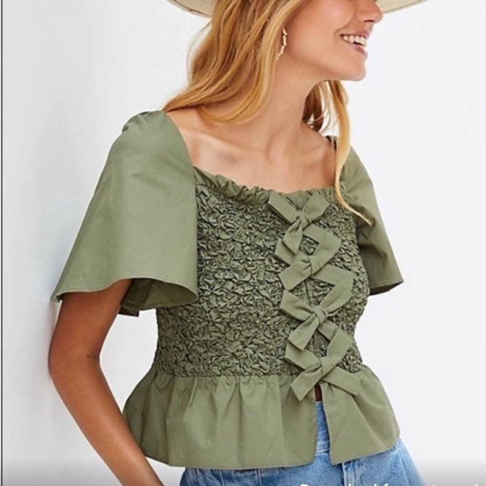 Anthropologie Olive Green Ruffle Blouse